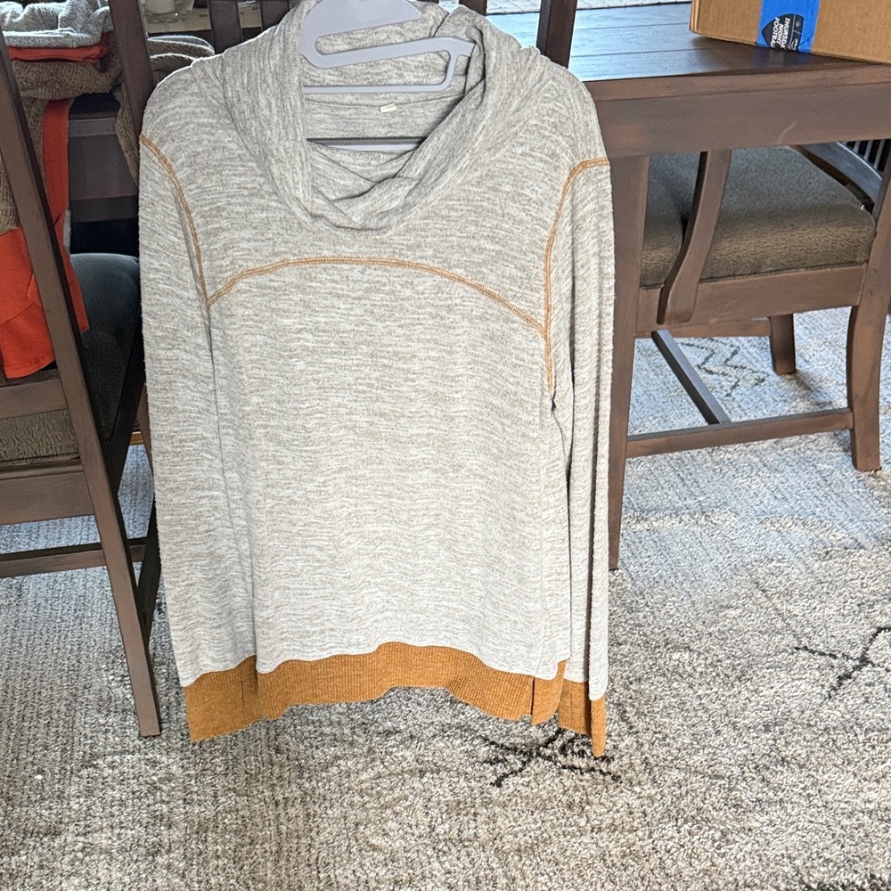 Elegant Gray and Tan Cowl Neck Sweater